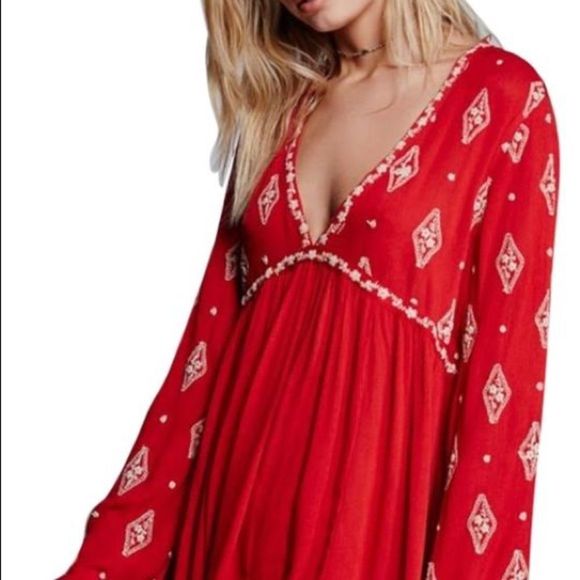 Free People Dresses & Skirts - Free People Red Embroidered Dress
